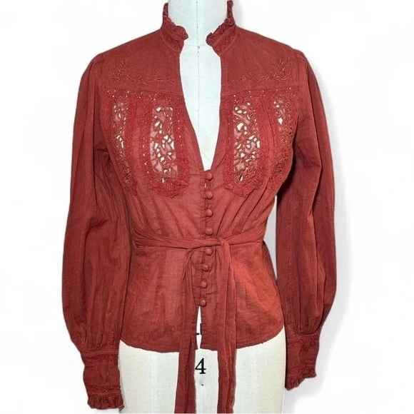 Free People Rust Lace Button-Up Blouse - Picture 1 of 7